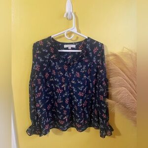 LOFT Navy Floral Blouse with Ruffle Sleeves